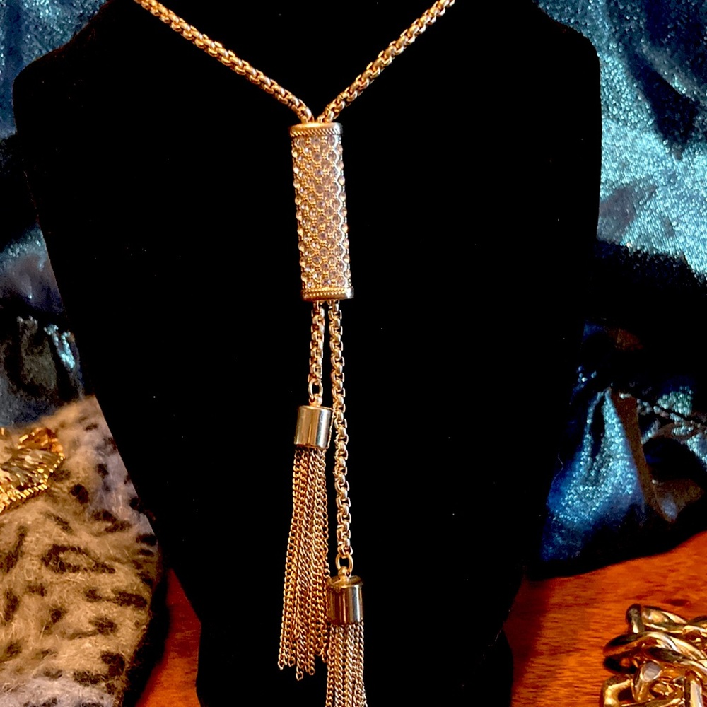 Vintage Long Rhinestone Encrusted Gold Tone Tassel Necklace